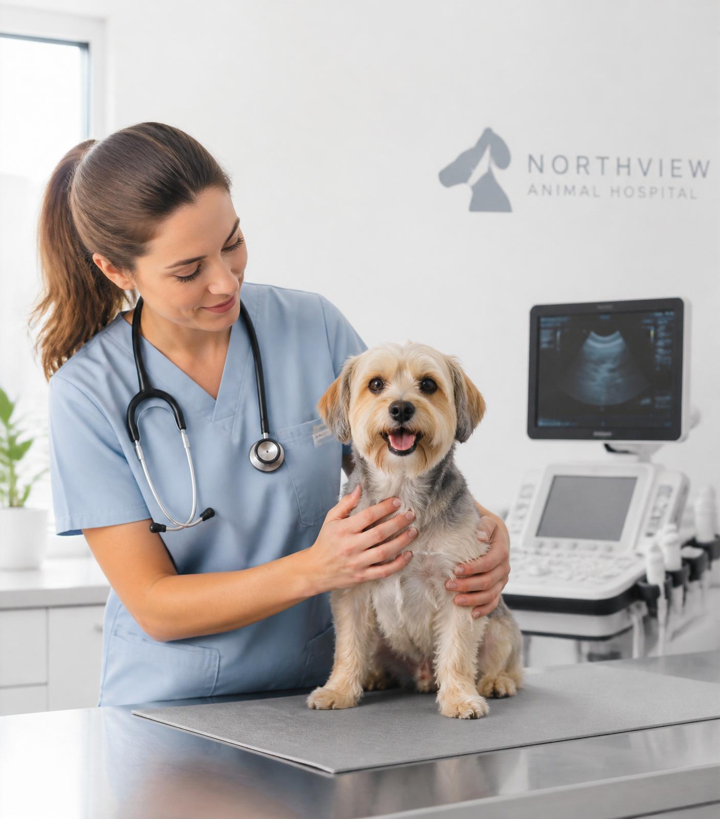 Veterinaria examinando a un perro pequeño